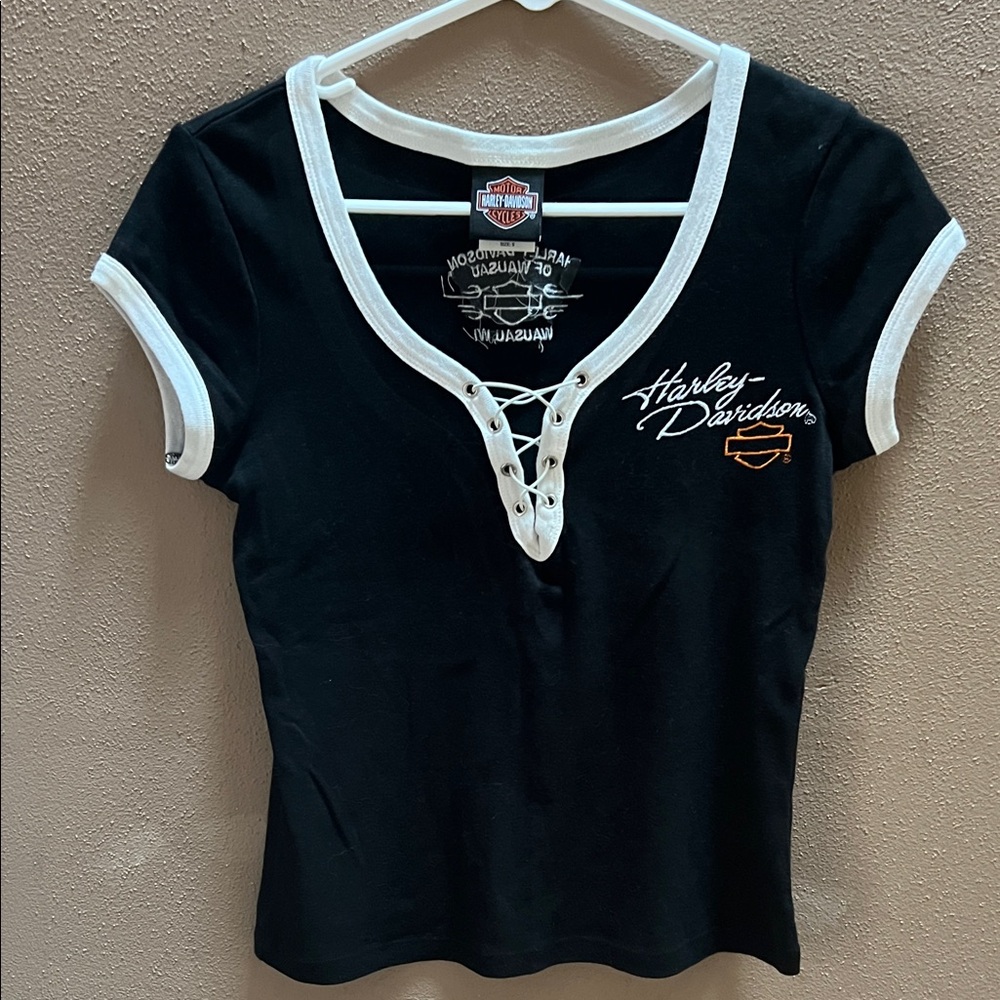 Harley-Davidson Black Short Sleeve Lace-Up Tee with White Trim